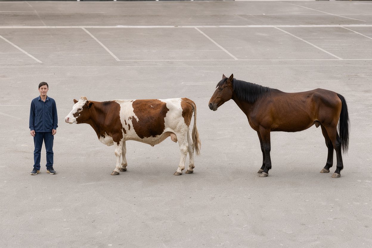 Person vs cow vs horse: size comparison
